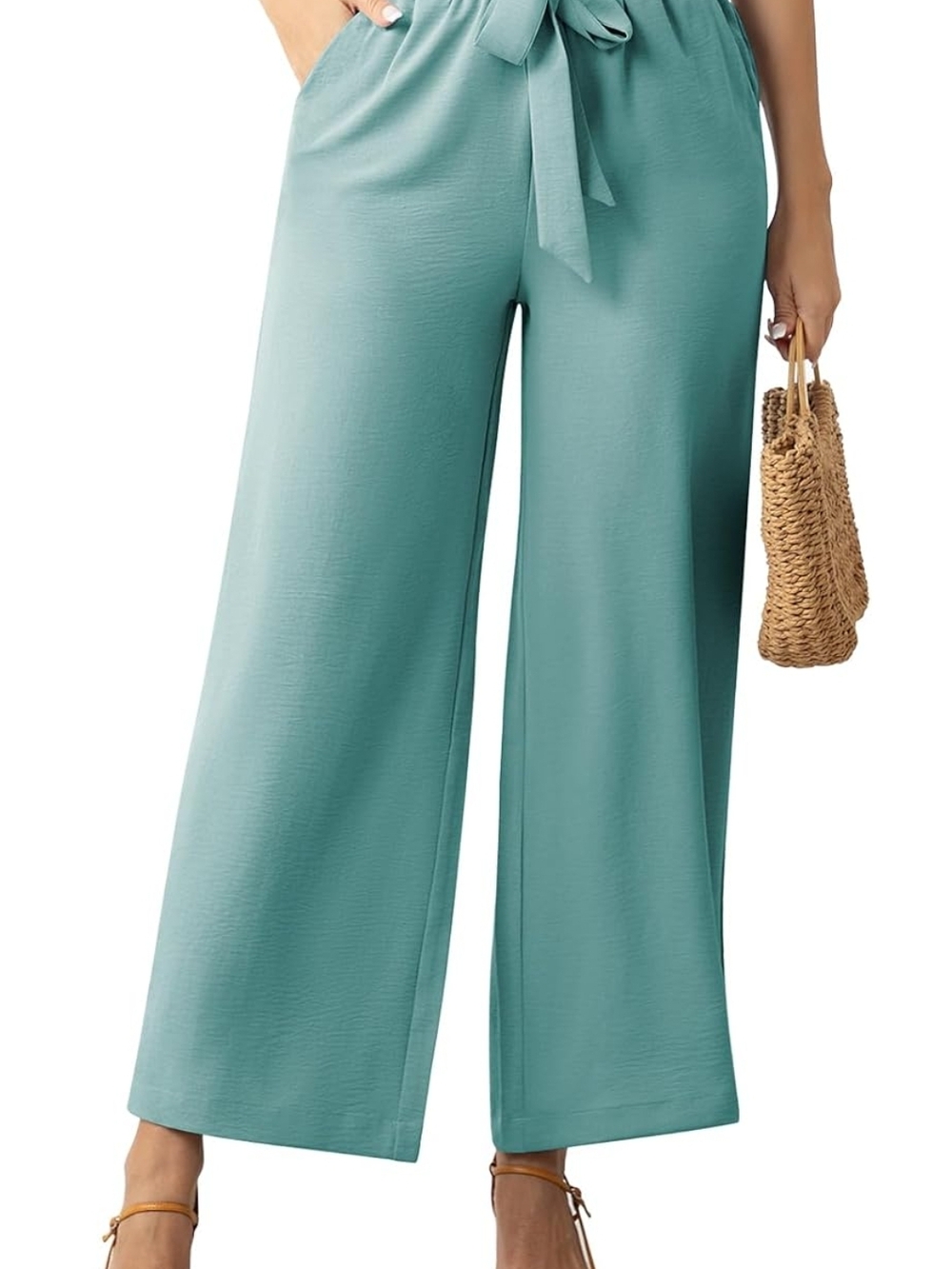 Wide-Leg Tie-Waist Pants - Teal Green